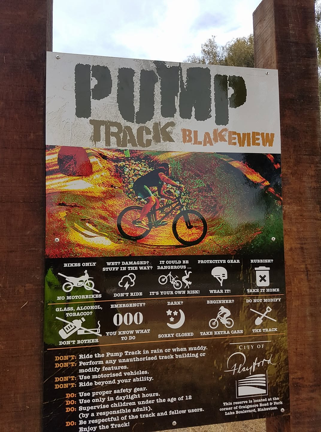 City of Playford Pump Track Blakeview sign listing track rules and safety icons